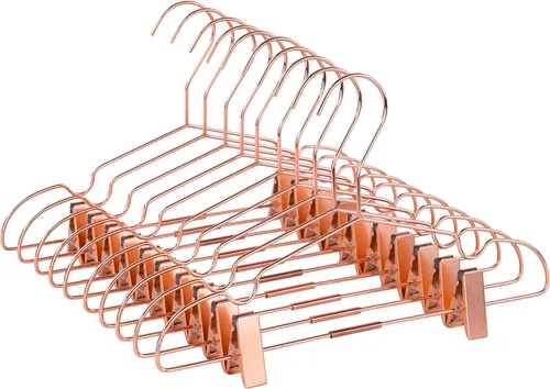 Paquete de 10 perchas de 13 pulgadas con alambre de metal brillante dorado rosa con clips para almacenamiento y exhibición de camisas, abrigos