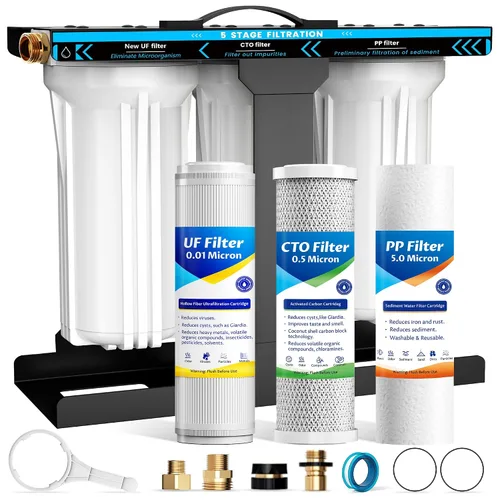 Sistema de filtro de agua para RV, sistema de filtración de agua de 5 capas y 3 etapas, conectores rápidos de manguera sin plomo, filtros de 0.01