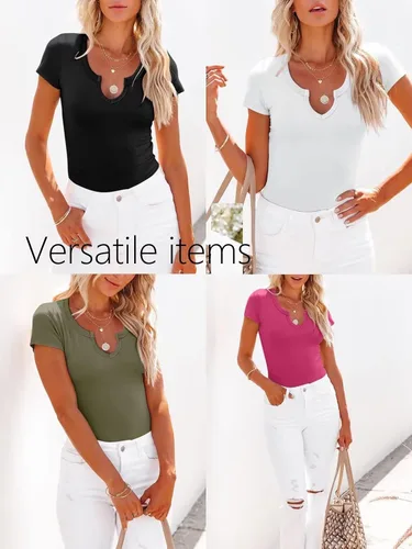 Miniatura 5 de Camisetas de manga corta de verano para mujer, cuello en V, sexy, camisetas de manga corta para mujer, camisetas ajustadas acanaladas