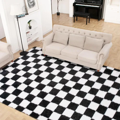 Miniatura 2 de Alfombra de área súper suave en blanco y negro, de 5 x 7 pies, alfombra clásica a cuadros de pelo alto mullida para dormitorio, sala de estar, Negro