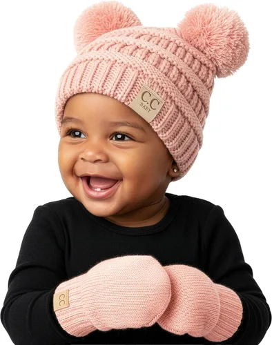 Miniatura 16 de Funky Junque Conjunto de gorro y mitones con doble pompón de pelo sintético para bebé – Gorro de invierno para recién nacidos de 0–9 meses