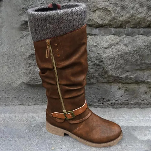 Miniatura 4 de Botas de media pantorrilla para mujer, botas vaqueras de cuero occidental, elegantes botas altas hasta la rodilla, botas desplegadas vintage