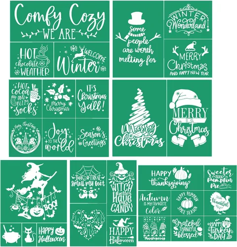 Miniatura 11 de JAJADO 2 plantillas de pantalla de seda navideñas, gnomo de Papá Noel, pasta de tiza de acebo, plantillas adhesivas reutilizables para manualidades