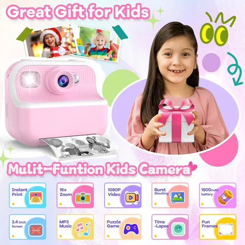 Miniatura 2 de Cámara instantánea para niños, regalos de cumpleaños de Navidad para niñas de 4, 5, 6, 7, 8, 9, 10 años, juguetes para niñas, 1080P HD, cámara