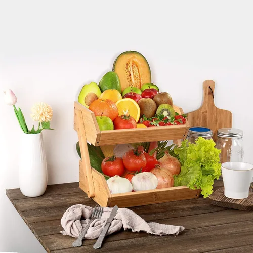 Miniatura 6 de Cesta de frutas de 2 niveles para cocina, soporte de bambú para almacenamiento de frutas y verduras para encimera de cocina, cesta de productos