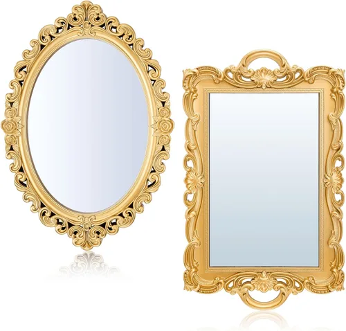 Beeveer Juego de espejos vintage de 2 estilos, espejo decorativo ovalado de pared, bandeja de espejo antiguo, espejo colgante decorativo para baño,