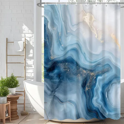 Miniatura 79 de Cortina de ducha abstracta de mármol negro gris y dorado con grietas, cortina de baño moderna ombre impresa, cortina impermeable y lavable de tela