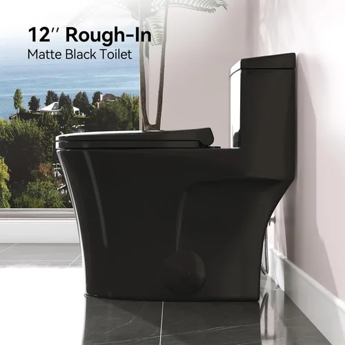 Miniatura 2 de HOROW T0338WB Inodoro Alargado de Una Pieza Negro, Inodoro Compacto Moderno con Altura de Asiento Cómoda, Altura de Silla ADA 17.3", Descarga Doble