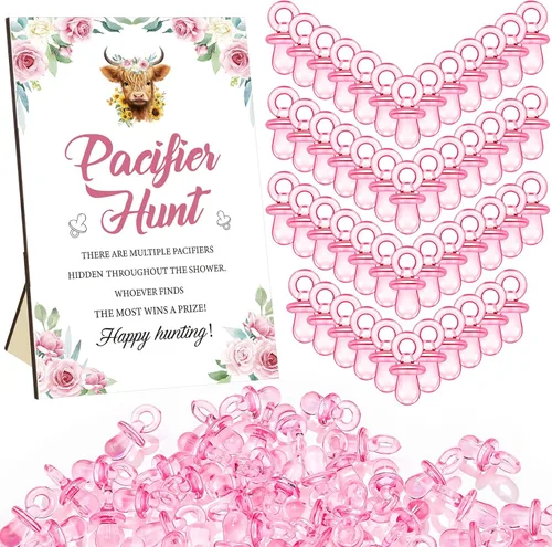 Miniatura 23 de Thyle Juego de 51 piezas de chupete de caza para baby shower, incluye signo de caza y 50 chupetes acrílicos para decoración de juegos de baby Rosa