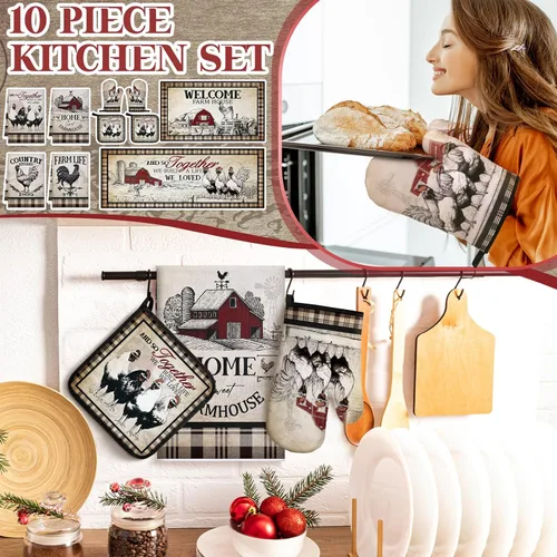 Miniatura 2 de Fourluoo Juego de 10 toallas de cocina de pollo estilo granero, juego de manoplas de horno y soportes para ollas, juego de decoración de cocina