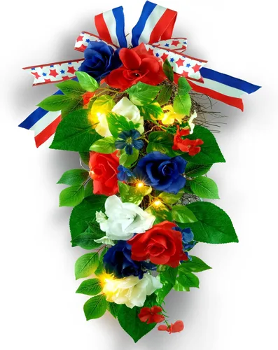 YULETIME Botín decorativo de lágrima de 24 pulgadas, funciona con pilas, guirnalda temática patriótica con luces de hadas, rosas rojas, blancas y
