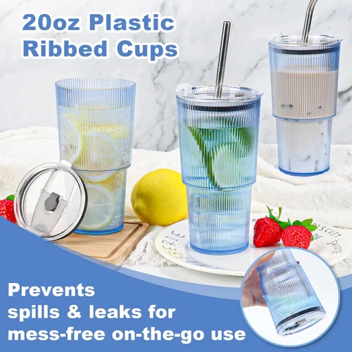Miniatura 6 de 2 Pcs 20oz Plastic Ribbed Tumblers with Lid and Straws Blue Plastic Reusable Iced Coffee Cups with Lid Unbreakable Vintage Ribbed Drinking Glasses