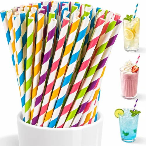MAQIHAN 100 popotes desechables a rayas de 7.7 pulgadas, pajitas pequeñas de papel kraft de agave de colores a granel, para café, leche, jugo,