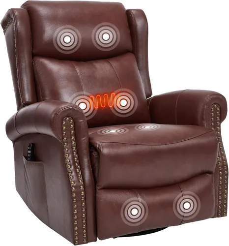 Miniatura 19 de PELUMY Silla reclinable giratoria de cuero transpirable para adultos, balancín giratorio de 360° con masaje térmico y vibratorio, silla de descanso