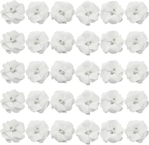 Miniatura 10 de 30 piezas de flores de gasa con diamantes de imitación de 2 pulgadas, apliques de tela de costura para ropa, manualidades, fiestas, decoración