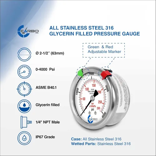 Miniatura 25 de Medidor de presión relleno de líquido de 300 PSI, dial de 2.5 pulgadas, montaje trasero 1/4 NPT, estuche 316 SS, 316 piezas mojadas SS, PSI/barra