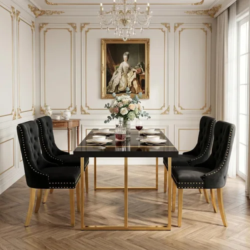 Miniatura 3 de Juego de mesa de comedor negra para 4, parte superior negra brillante de 55 pulgadas con patas de metal dorado, juego de mesa de comedor moderno