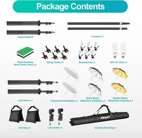 Miniatura 7 de EMART Sistema de soporte de fondo de 6.5 x 10 pies, kit de iluminación profesional para fotografía con foco CFL de 45 W, paraguas, fondo de 6 x 9