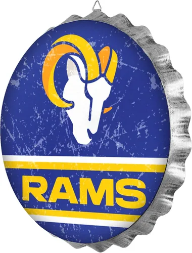 FOCO Los Angeles Rams - Letrero de pared de metal con tapa de botella de 13 pulgadas de la NFL, 13 pulgadas, estilo vintage envejecido, con licencia