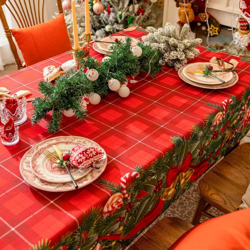 Miniatura 6 de Softalker Mantel rectangular navideño - Rojo tartán a cuadros impreso con campanas de Navidad y caramelos, manteles de poliéster lavables de tela