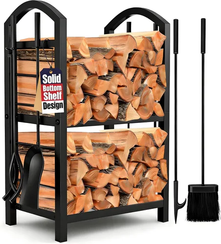 Miniatura 7 de AMAGABELI GARDEN & HOME Estante de leña para interiores con herramientas, juego de herramientas para chimenea, soporte de madera de hierro forjado