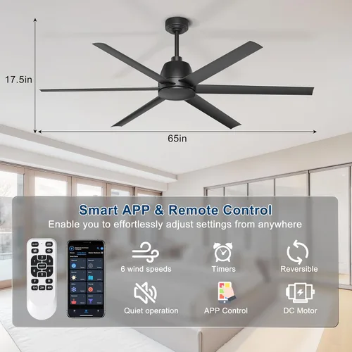 Miniatura 6 de Ventilador de techo de 65 pulgadas sin luz - Ventilador de techo negro con control remoto y APP, motor CC reversible silencioso, 6 aspas
