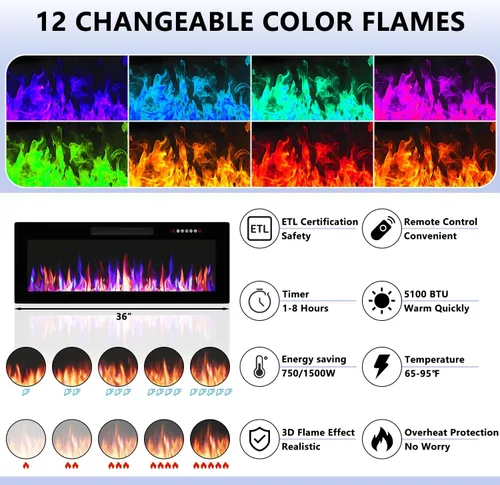Miniatura 5 de Soporte de TV con chimenea de 36 pulgadas, soporte de TV negro de 70 pulgadas para sala de estar, moderno soporte de TV con chimenea eléctrica