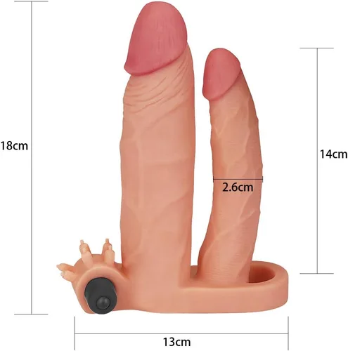 Miniatura 2 de Honeypleasures - Extensor de manga de doble pene de 1 pulgada extra y bucle de bola con estimulador vibratorio de clítoris, doble penetración DP