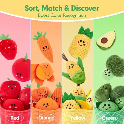 Miniatura 4 de Hahaland Juguetes sensoriales para bebés - 16 piezas Mi primera fruta Verdura Clasificación de color de alimentos de juego crujiente, sonajero