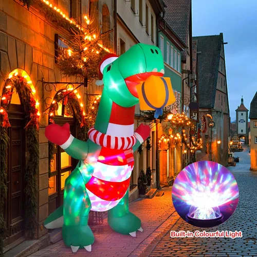 Miniatura 2 de Decoraciones inflables de Navidad de 8 pies para exteriores, dinosaurio inflable de patio con sombrero navideño y caja de regalo, luces LED