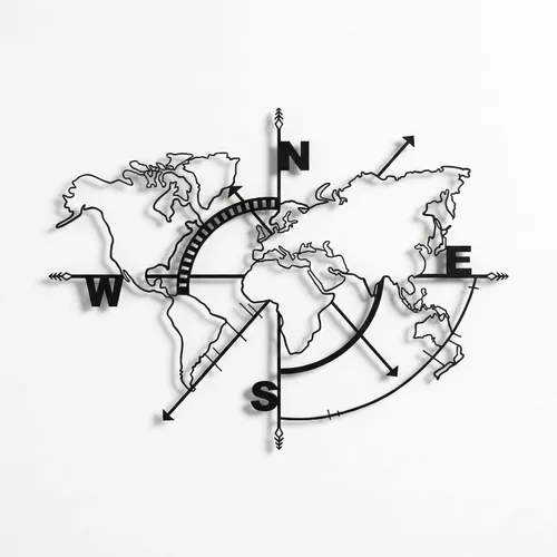 DEKADRON Brújula de arte de pared con mapa del mundo de metal, mapa del mundo sin bordes, decoración de pared de metal, letrero de metal, colgantes