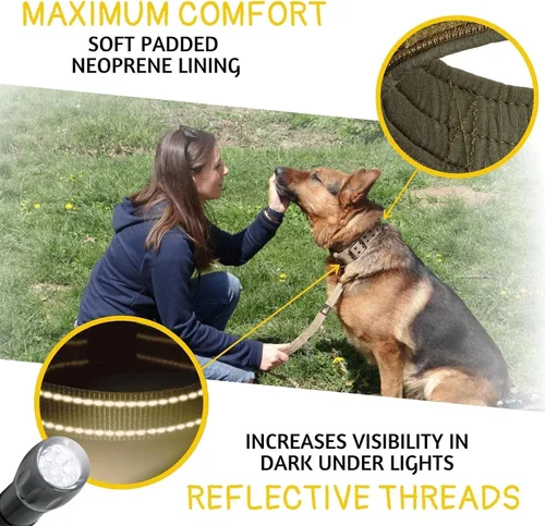 Miniatura 4 de ADITYNA Collar de perro resistente para perros grandes, collar verde reflectante con asa para entrenar y caminar, ancho, grueso, táctico, acolchado