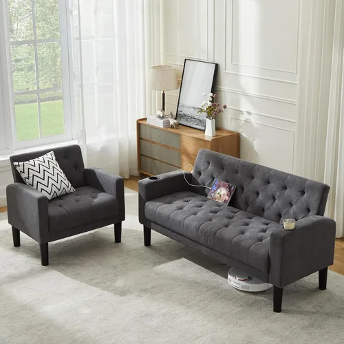 Miniatura 15 de TYBOATLE Sofá loveseat de 62" de ancho con 2 puertos de cargador USB y 2 portavasos, sofá de amor pequeño tapizado de cuero negro estilo moderno
