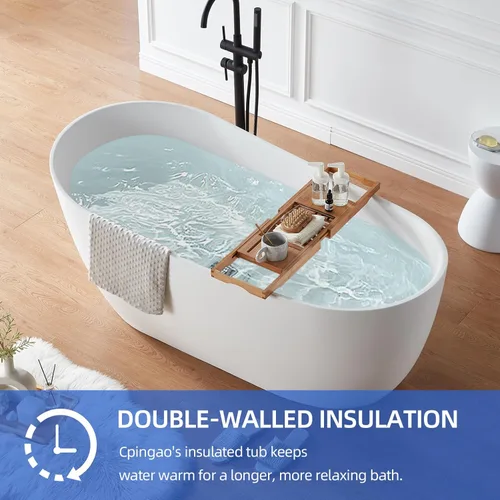 Miniatura 4 de Cpingao Stone Resin - Bañera ovalada independiente de 55 pulgadas, moderna bañera independiente con desbordamiento y drenaje desplegable, moldeado