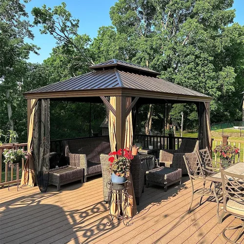 Domi Gazebo de Techo Rígido de 10' X 12' Gazebo Permanente para Exteriores con Techo Doble de Acero Galvanizado, Marco de Aluminio, Cortinas y Red