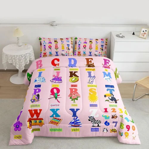 Miniatura 15 de jejeloiu Juego de edredón educativo para niños, tamaño King, juego de ropa de cama con números del alfabeto ABC para niños y niñas pequeños
