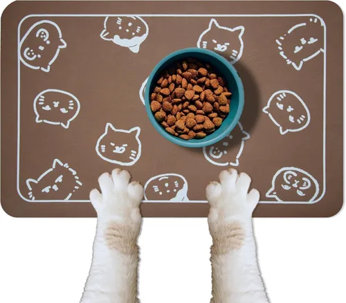 YCT Tapete de comida para perros y gatos, antideslizante, súper absorbente, 18.1 x 11.8 pulgadas, marrón Logotipo marrón y múltiples cabezas de gato