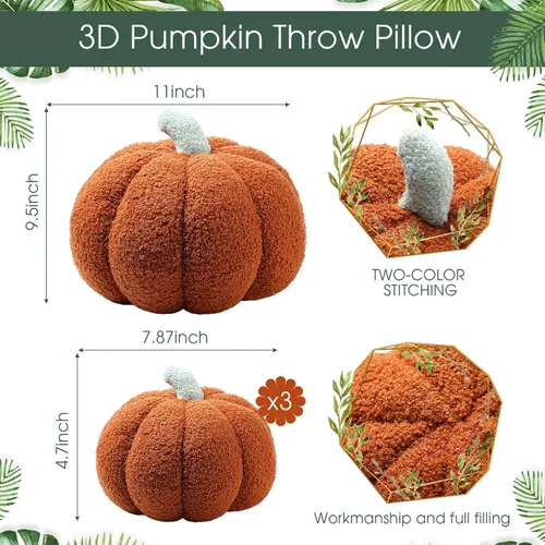 Miniatura 2 de Kajaia 4 almohadas de otoño decorativas de calabaza de Acción de Gracias, almohada de otoño de 11 pulgadas, 7 pulgadas, cojín 3D de Acción de Marrón