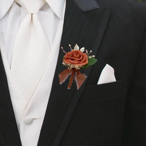 Miniatura 5 de CherishedMoments Juego de ramillete de peonía de rosa artificial hecho a mano y ramillete de muñeca de peonía de color naranja quemado para boda