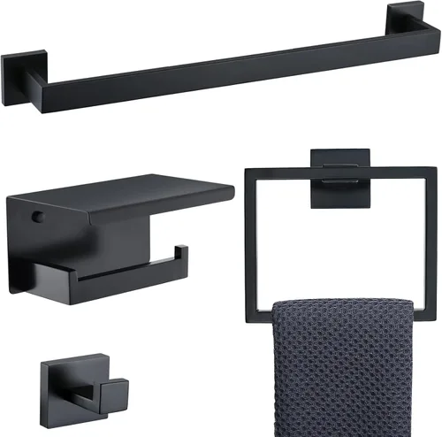 Miniatura 14 de Conjuntos de Soportes para Toalleros de Baño Negro y Pulido, Juego de Ferretería de Baño de 4 Piezas de Acero Inoxidable, Kit de Accesorios de Baño.
