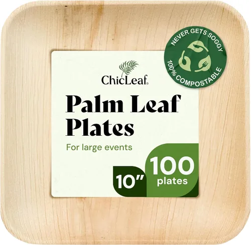 Miniatura 9 de Chic Leaf Platos de hoja de palma de 8 pulgadas – Vajilla cuadrada desechable estilo bambú, platos resistentes y compostables de hoja de areca