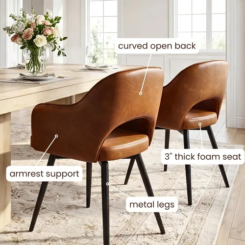 Miniatura 7 de DUOMAY Juego de 2 sillones giratorios tapizados de piel sintética moderna con patas de metal para cocina, sala de estar, color marrón