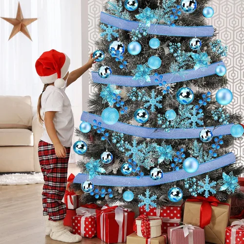 Miniatura 2 de Sratte 94 piezas de adornos para árbol de Navidad, adornos de bolas de Navidad con purpurina, flores de nochebuena, decoraciones con bayas Azul