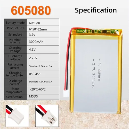 Miniatura 2 de Batería recargable Lipo de polímero de litio de 3.7V 3000mAh 605080 con conector PH2.0.000 in JST para altavoz y dispositivo inalámbrico
