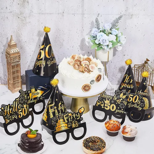 Miniatura 5 de 26 piezas de decoración de fiesta de cumpleaños número 50, kits de gafas y sombreros, gafas y sombreros de papel temáticos negros y dorados