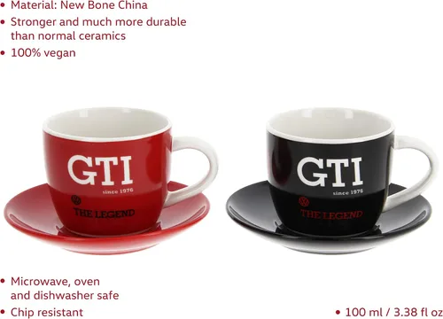 Miniatura 2 de BRISA VW Collection - Juego de tazas de café expreso Volkswagen, diseño GTI (The Legend/Red & Black/2 piezas/3.4 fl oz/3.4 fl oz)