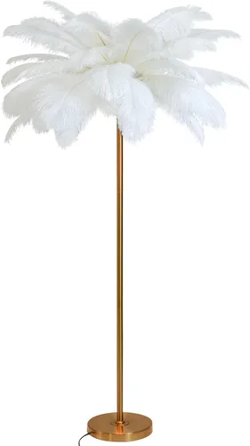 Miniatura 8 de Lámpara de pie moderna, pantalla de avestruz natural, lámpara de pie con luz blanca, cuerpo de lámpara dorado con cable enchufable, lámpara de pie