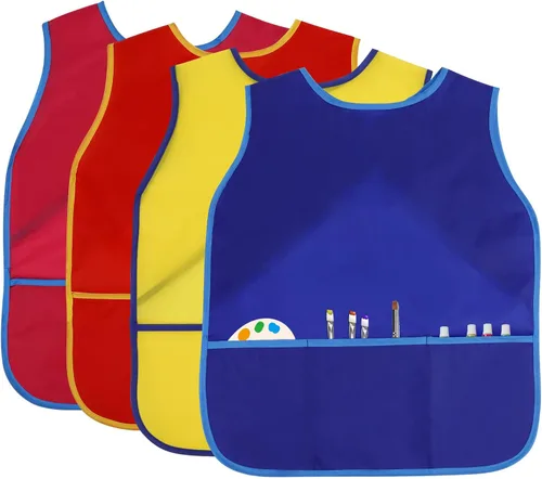 4 delantales de pintura para niños, delantales impermeables con 3 bolsillos, para niños de 3 a 8 años, 4 colores 4 colores (velcro)