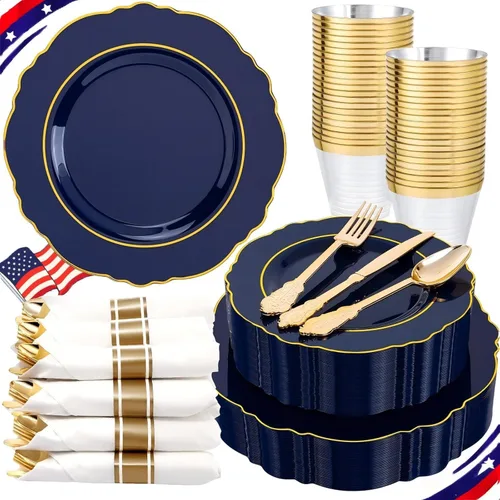 Liacere 350 platos de plástico azul marino, platos desechables de color azul dorado, vajilla de plástico para 50 invitados, incluye 100 platos, 50