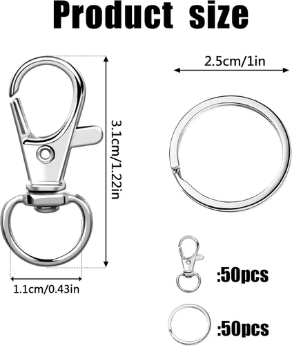 Miniatura 2 de 100 piezas de ganchos giratorios con llaveros, 50 piezas de ganchos de clip para llavero y 50 piezas de llaveros, cierres de pinza de langosta